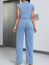 BEAUTIFUL I AM Tied Half Button Denim Pants Jumpsuit with Pockets