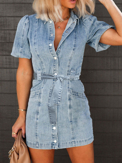 BEAUTIFUL I AM Puff Sleeve Button Up Mini Denim Dress