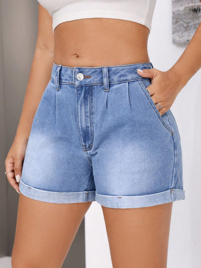 BEAUTIFUL I AM Rolled Hem Mid-Rise Waist Denim Shorts