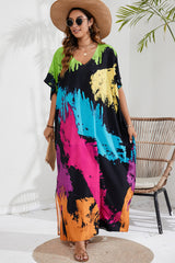 BEAUTIFUL I AM Slit Printed V-Neck Short Sleeve Cover Up Dress