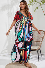 BEAUTIFUL I AM Slit Printed V-Neck Short Sleeve Cover Up Dress