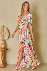 BEAUTIFUL I AM Slit Printed Surplice Short Sleeve Maxi Dress