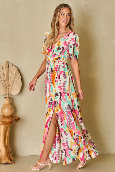 BEAUTIFUL I AM Slit Printed Surplice Short Sleeve Maxi Dress