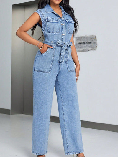 BEAUTIFUL I AM Tied Half Button Denim Pants Jumpsuit with Pockets