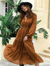 BEAUTIFUL I AM Tie Neck Long Sleeve Midi Tiered Dress