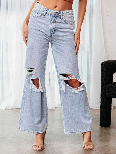 BEAUTIFUL I AM Distressed Wide Leg Jeans with Pockets