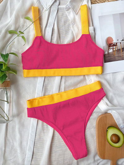 BEAUTIFUL I AM Contrast Scoop Neck Wide Strap Two-Piece Swim Set