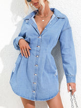 BEAUTIFUL I AM Distressed Button Up Long Sleeve Denim Dress