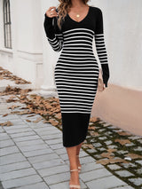 BEAUTIFUL I AM Striped V-Neck Long Sleeve Sweater Dress