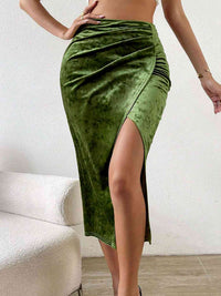 BEAUTIFUL I AM Ruched Front Slit Midi Skirt Dress