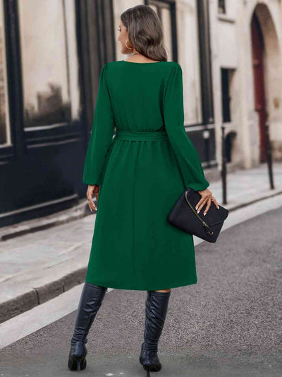 BEAUTIFUL I AM Buttoned Tie Front Long Sleeve Asymmetrical Neck Dress