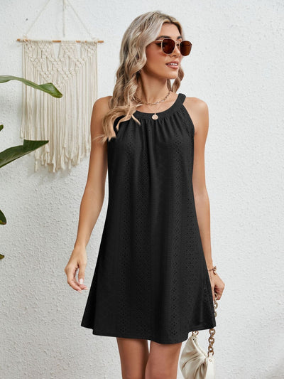 BEAUTIFUL I AM Eyelet Grecian Neck Mini Dress