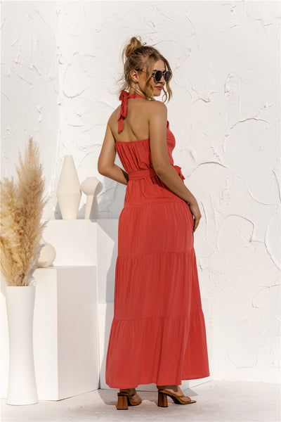 BEAUTIFUL I AM Halter Neck Tie Waist Tiered Maxi Dress