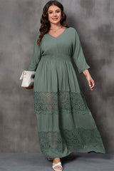 BEAUTIFUL I AM Plus Size Tied V-Neck Smocked Crochet Maxi Dress