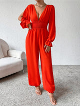 BEAUTIFUL I AM Plunge Smocked Flounce Sleeve Pants Jumpsuit