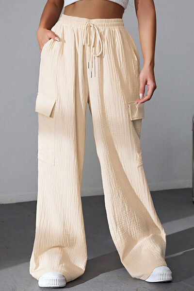 BEAUTIFUL I AM Drawstring Pocketed Wide Leg Long Pants