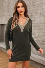 BEAUTIFUL I AM V-Neck Long Sleeve Mini Sweater Dress