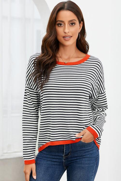 BEAUTIFUL I AM Striped Round Neck Drop Shoulder Shirt