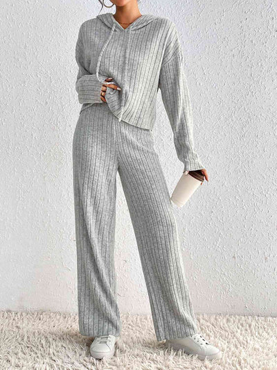 BEAUTIFUL I AM Drawstring Ribbed Hoodie and Straight Leg Pants Set