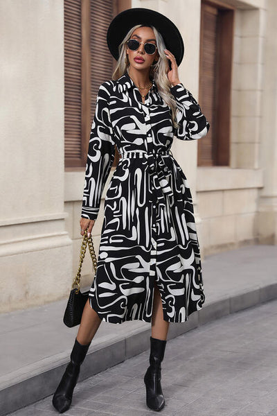 BEAUTIFUL I AM Printed Tie Front Collared Neck Slit Shirt Dress