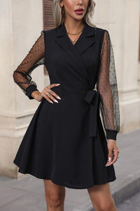 BEAUTIFUL I AM Lapel Collar Tied Mesh Long Sleeve Dress