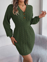 BEAUTIFUL I AM Buttoned Cable-Knit V-Neck Sweater Dress