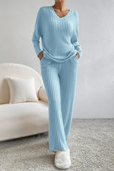 BEAUTIFUL I AM Ribbed V-Neck Top and Pants Set