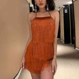 BEAUTIFUL I AM Fringed Halter Neck Tied Back Mini Dress