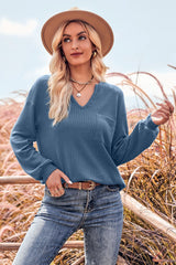 BEAUTIFUL I AM V-Neck Dropped Shoulder Waffle-Knit Blouse Shirt