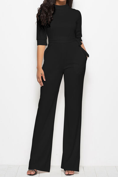 BEAUTIFUL I AM Mock Neck Tie-Waist Half Sleeve Pants Jumpsuit