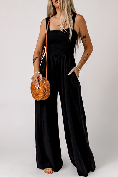 BEAUTIFUL I AM Smocked Square Neck Wide Leg Pants Jumpsuit with Pockets