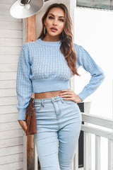 BEAUTIFUL I AM Round Neck Long Sleeve Cropped Sweater