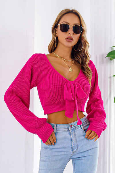 BEAUTIFUL I AM Bow V-Neck Long Sleeve Cropped Sweater