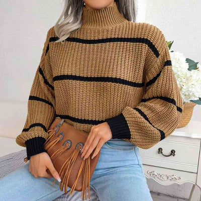 BEAUTIFUL I AM Striped Mock Neck Dropped Shoulder Sweater