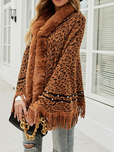 BEAUTIFUL I AM Leopard Fringe Hem Poncho