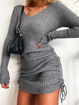 BEAUTIFUL I AM Ribbed Drawstring V-Neck Mini Dress