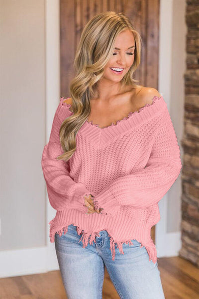 BEAUTIFUL I AM Frayed Hem Dropped Shoulder Sweater