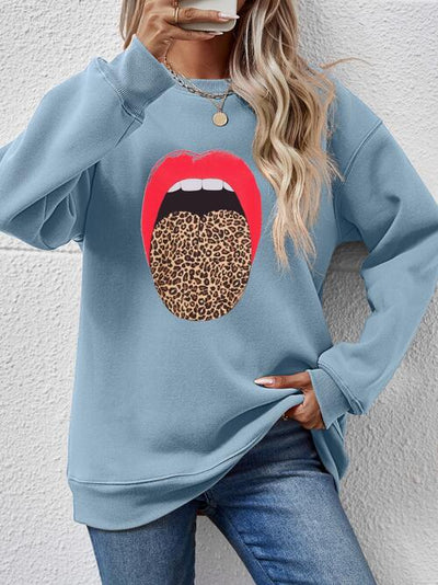 BEAUTIFUL I AM Leopard Lip Graphic Round Neck Sweatshirt