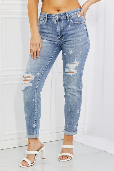 BEAUTIFUL I AM Judy Blue Sarah Full Size Star Pattern Boyfriend Jeans