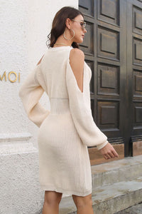 BEAUTIFUL I AM Ribbed Cold Shoulder Long Sleeve Sweater Dress