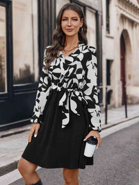 BEAUTIFUL I AM Contrast Notched Tie Front Long Sleeve Dress