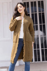 BEAUTIFUL I AM Fringe Trim Open Front Cardigan with Pockets