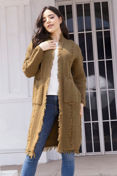 BEAUTIFUL I AM Fringe Trim Open Front Cardigan with Pockets