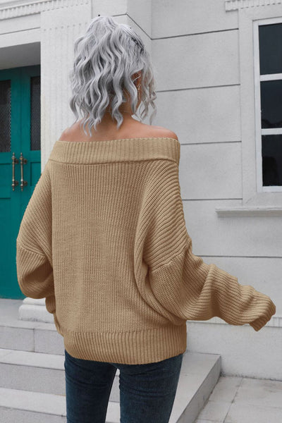 BEAUTIFUL I AM Off-Shoulder Ribbed Long Sleeve Pullover Sweater Shirt