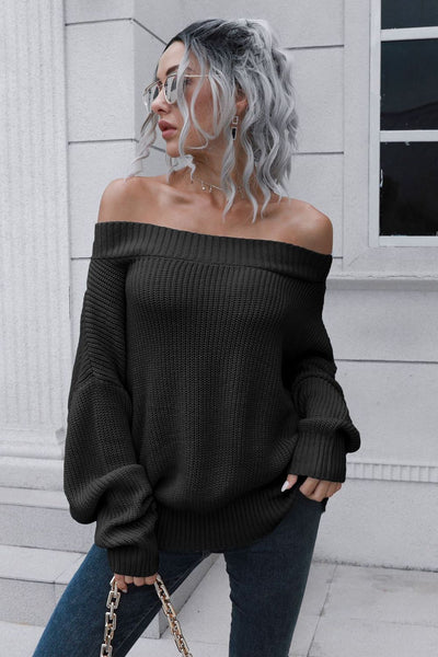 BEAUTIFUL I AM Off-Shoulder Ribbed Long Sleeve Pullover Sweater Shirt