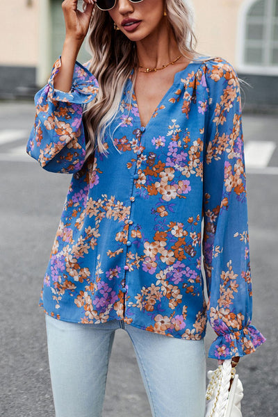 BEAUTIFUL I AM Floral Print Flounce Sleeve Blouse Shirt