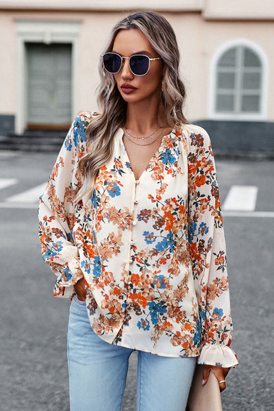 BEAUTIFUL I AM Floral Print Flounce Sleeve Blouse Shirt