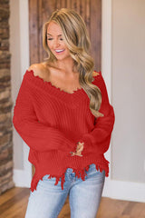 BEAUTIFUL I AM Frayed Hem Dropped Shoulder Sweater