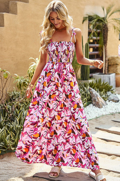 BEAUTIFUL I AM Printed Tie-Shoulder Smocked Maxi Dress