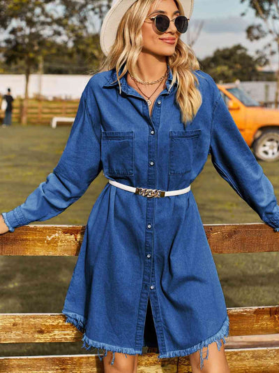 BEAUTIFUL I AM Button Up Collared Neck Raw Hem Denim Dress